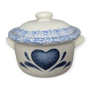 Vintage Corelle Stoneware Blue Hearts Ceramic Onion Soup Crock w/Handmade Candle